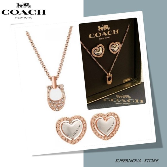 Coach Rose Gold Silver Necklace Studs Earrings Heart Crystals Gift Set Box $128 - Picture 1 of 8